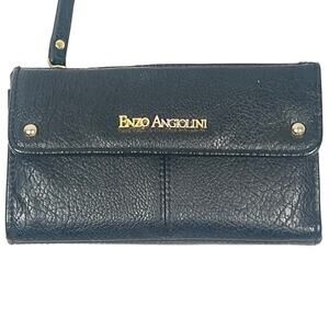Enzo Angiolini Black Pebbled Vegan Leather Wallet  Multiple Compartments